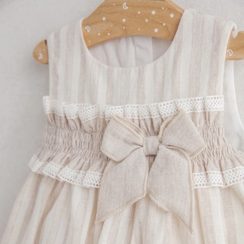 Baby Girl Nostalgia Dress Beige Coll - Bow and Lace Detailed Striped Design (6-36 Months) - View 2