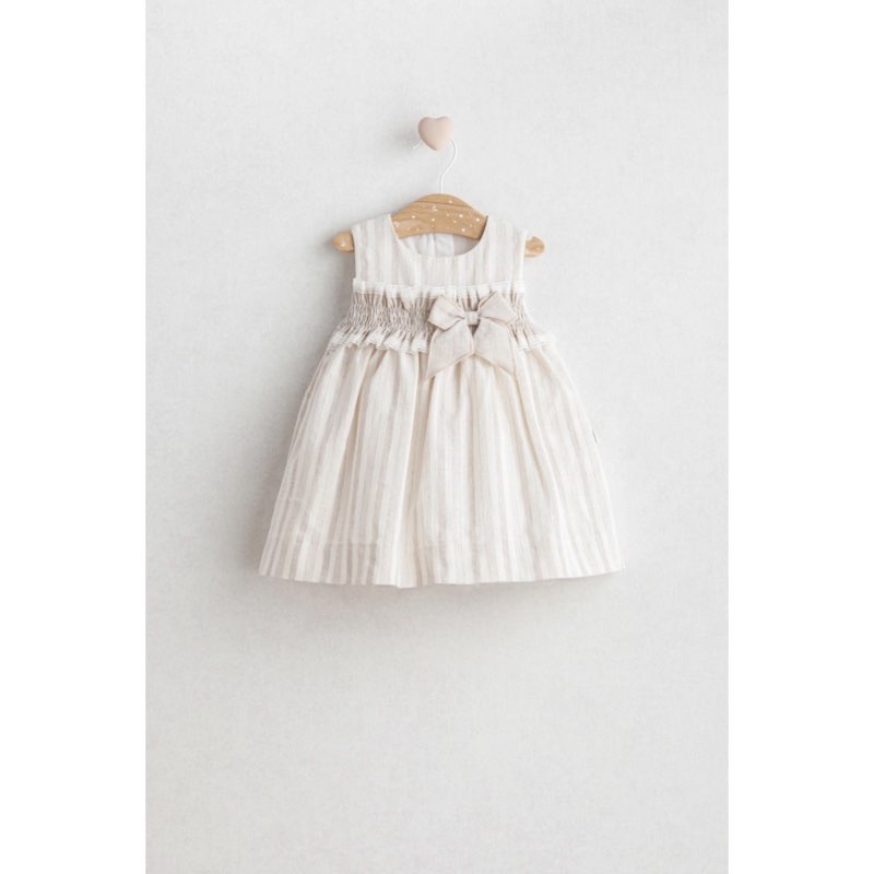 Baby Girl Nostalgia Dress Beige Coll - Bow and Lace Detailed Striped Design (6-36 Months)